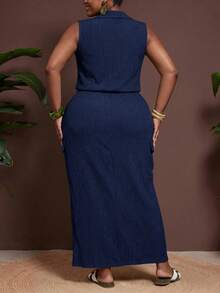 Veslaya 2026春夏女款大尺碼海灘到晚餐穿搭，週年紀念畢業季百搭萬用郵輪旅行休閒舒適套裝，優雅浪漫經典橄欖綠紋理無袖口袋 Polo 領上衣與直筒裙 2 件套 - 藏蓝色 - 查看 2