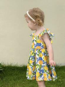 SHEIN LMoss Kids 女婴短袖荷叶边柠檬印花宽松休闲夏季连衣裙 - 彩色 - 查看 6