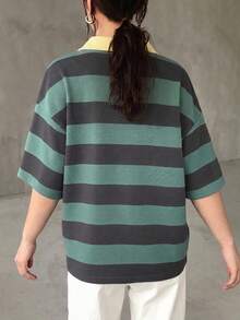 Livesso 女款大尺碼拼色拼接條紋寬鬆 Polo 領中袖休閒夏季 T 恤 - Fresh Green - 查看 2