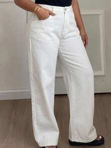Dazy Plus Autumn New Regular Mid-Waist Loose Straight Leg Casual White All-Season Plus Size Women's Long Denim Jeans - White - View 4