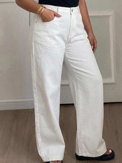 Dazy Plus Autumn New Regular Mid-Waist Loose Straight Leg Casual White All-Season Plus Size Women's Long Denim Jeans