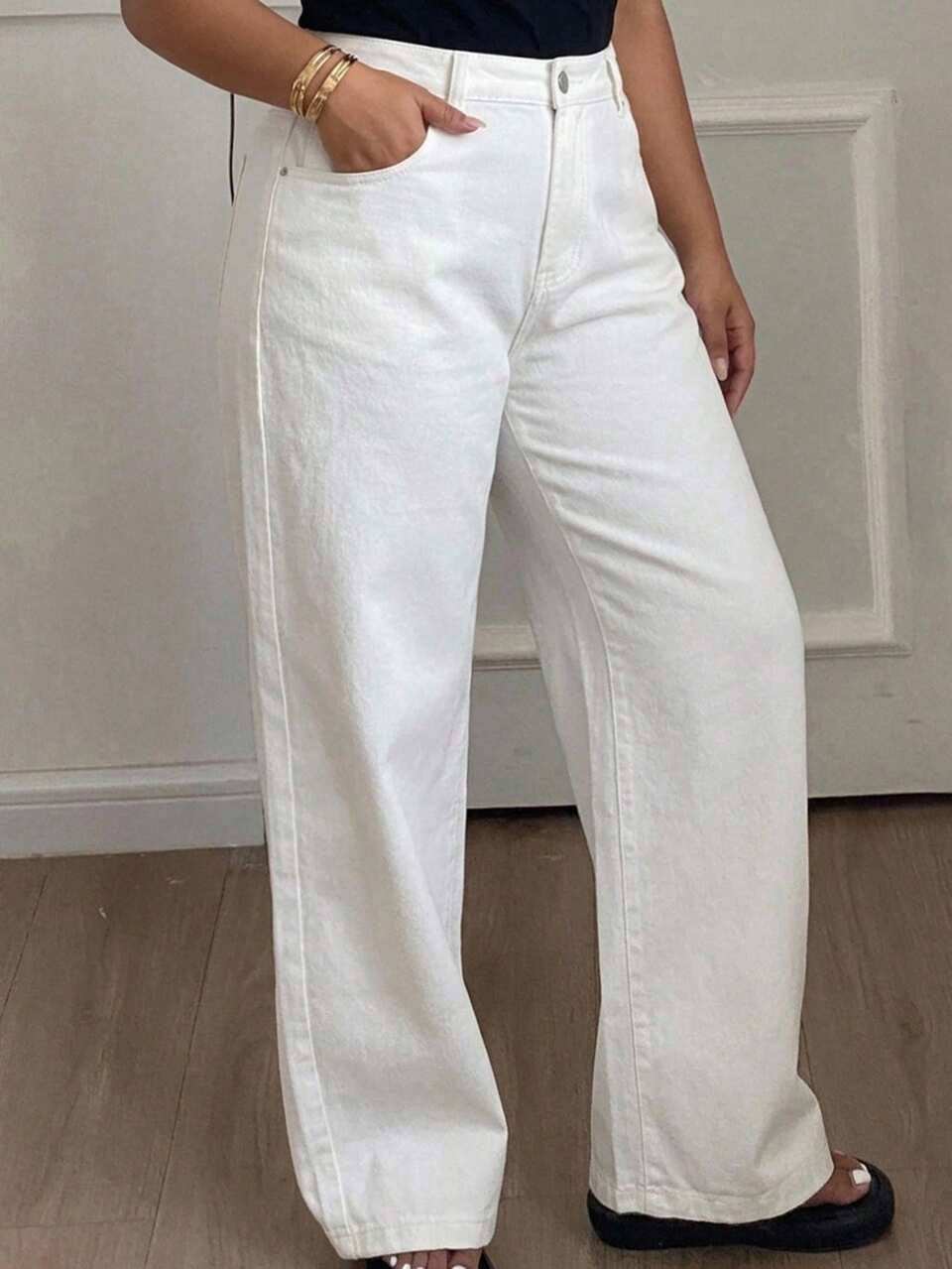Dazy Plus Autumn New Regular Mid-Waist Loose Straight Leg Casual White All-Season Plus Size Women's Long Denim Jeans