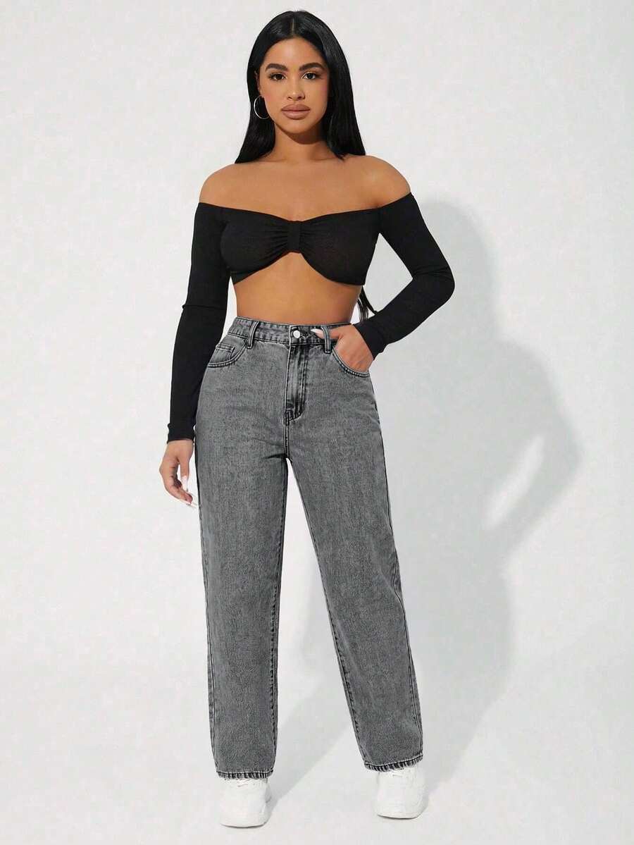 SHEIN ICON 大尺碼休閒水洗磨損牛仔褲 - 灰色 - 查看 1
