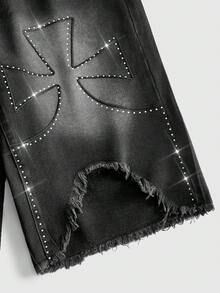 ROMWE MEN Goth 男士水洗做舊寬鬆休閒直筒百搭牛仔短褲 - 黑色 - 查看 4