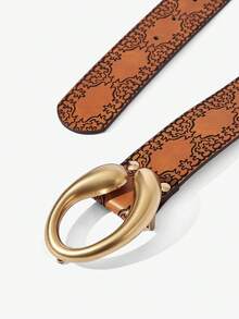 Maija Cinturón ancho con hebilla dorada en forma de C con textura en relieve vintage, hebilla ovalada asimétrica versátil para uso diario y de oficina - Marrón - Ver 4