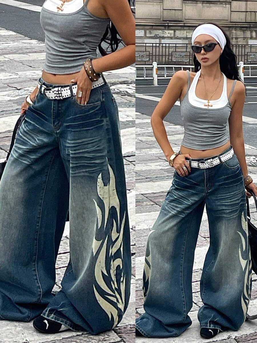 Coolane 女款春夏街頭風 Y2K 牛仔女郎休閒復古水洗火焰圖案口袋寬腿牛仔褲 低腰棉質香蕉哈倫褲