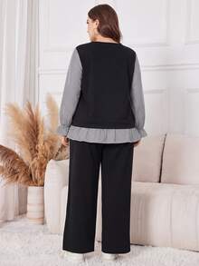 Lacomfia Autumn/Winter Elegant Loose Versatile V-Neck Pullover Floral Sleeve Patchwork Waist-Cinched Drape Pants Plus Size Women 2-Piece Set - Multicolor - View 2