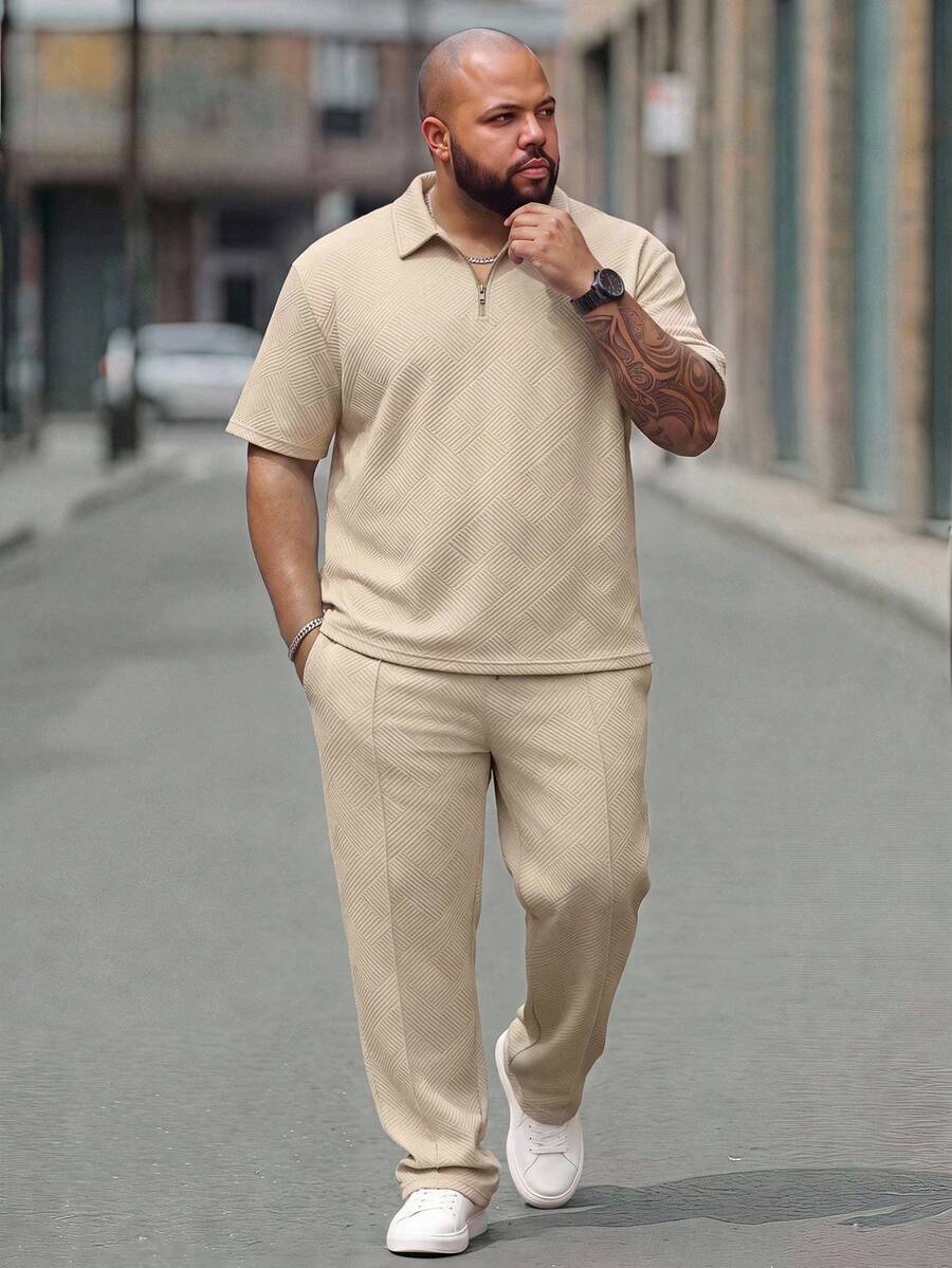 Sorvial Plus Size Men 2pcs Set, Solid Color Short Sleeve Polo Shirt & Pants, Cozy Outfits - Apricot - View 1