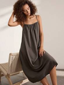 Ocili Comfortable Natural Linen Striped Loose Patchwork Spaghetti Strap Nightgown Women's Loungewear Dress - Coffee Brown - View 7