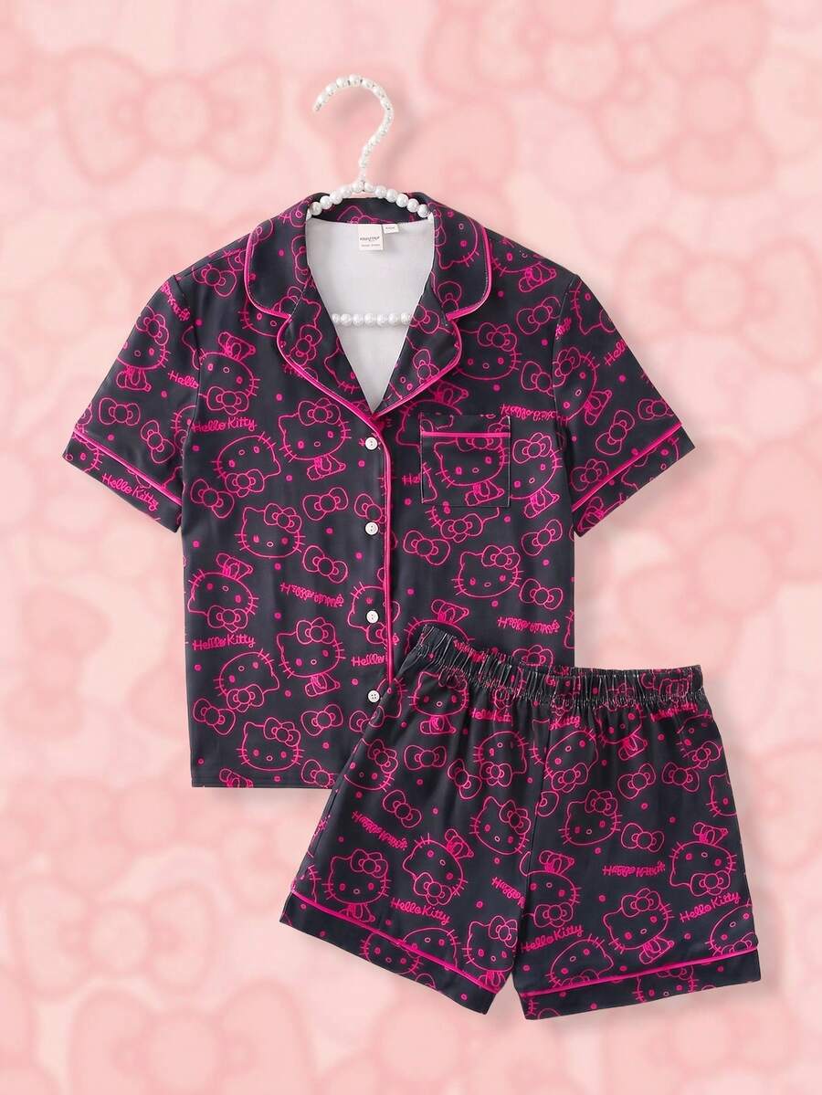 HELLO KITTY AND FRIENDS | SHEIN 少女卡通印花上衣與短褲居家服 - 黑色 - 查看 1