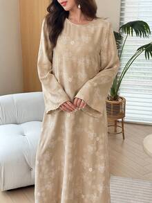 Yasmyna Spring/Autumn Round Neck Rubber Print Khaki Dress Saudi National Day Female Country Look Fall/Winter - Khaki - View 3