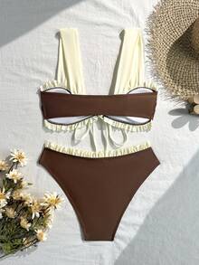 Swim Vcay Sweet Girl 女款兩件式比基尼泳衣套裝，咖啡色與白色拼接、寬肩帶、前綁帶三角式比基尼 - 彩色 - 查看 2