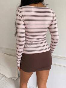 青少年女孩休閒極簡基本款粉色與棕色條紋修身圓領長袖內搭T恤，適合秋冬，甜美風格 - 彩色 - 查看 2