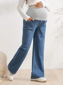 SHEIN Adjustable Waist Casual Daily Straight Leg Denim Jeans For Pregnant Women - Medium Wash - View 7