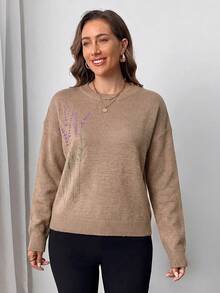 Medorina 女款時尚度假刺繡圓領長袖毛衣，適合日常穿著與辦公室，棕色花卉，秋季休閒優雅風 - 駝色 - 查看 5