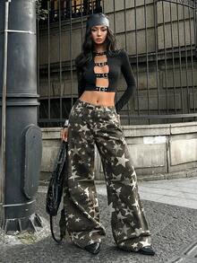 Jeanoix Women's Casual Y2k Streetwear Daily Denim Jeans With Pocket And Button All-Over Print Everyday Day Time Khaki Green Summer Halloween - Multicolor - View 7