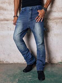 Skyrend Men's Washed Solid Black & Grey Elastic Patchwork Slim Fit Flared Jeans, Korean High Street Style Fall/Autumn/Winter Grunge - Blue - View 6