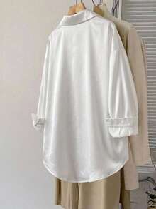 SHEIN LUNE 大尺碼女款素色單排扣休閒百搭日常穿著襯衫 - 白色 - 查看 2