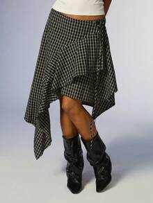 COUREZ Asymmetric Check Midi Skirt / Y2K Cute Skirts For Women Flowy Skirts Autumn Winter Outfits Fall Bottoms For Women Fall Clothes Autumn Outfits - Black - View 6
