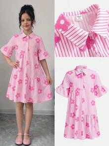Firerie Kids Tween Girls' Fashion Casual Summer Commute Collared Woven Striped Floral Patchwork Ruched A-Line Dress, Back To School & Graduation Season - Pink - View 7