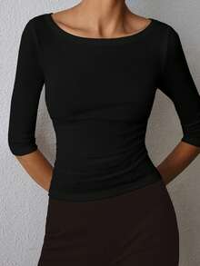 ATUI Studio Women's Casual Versatile Solid Color Fitted T-Shirt - Black - View 2
