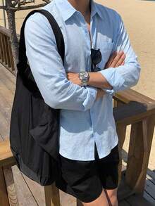 DAZY Long Sleeve Solid Color Loose Fit Men's Shirt Summer - Blue - View 9