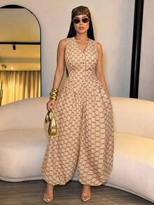 SOLERSUN Women's Old Money Aesthetic Geometric Print V-Neck Waistcoat & Lantern Pants With Pockets Suit - Khaki - View 1