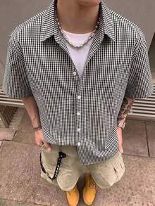 STEELVANCE 男士格紋短袖單排扣休閒襯衫 - 黑與白 - 查看 1