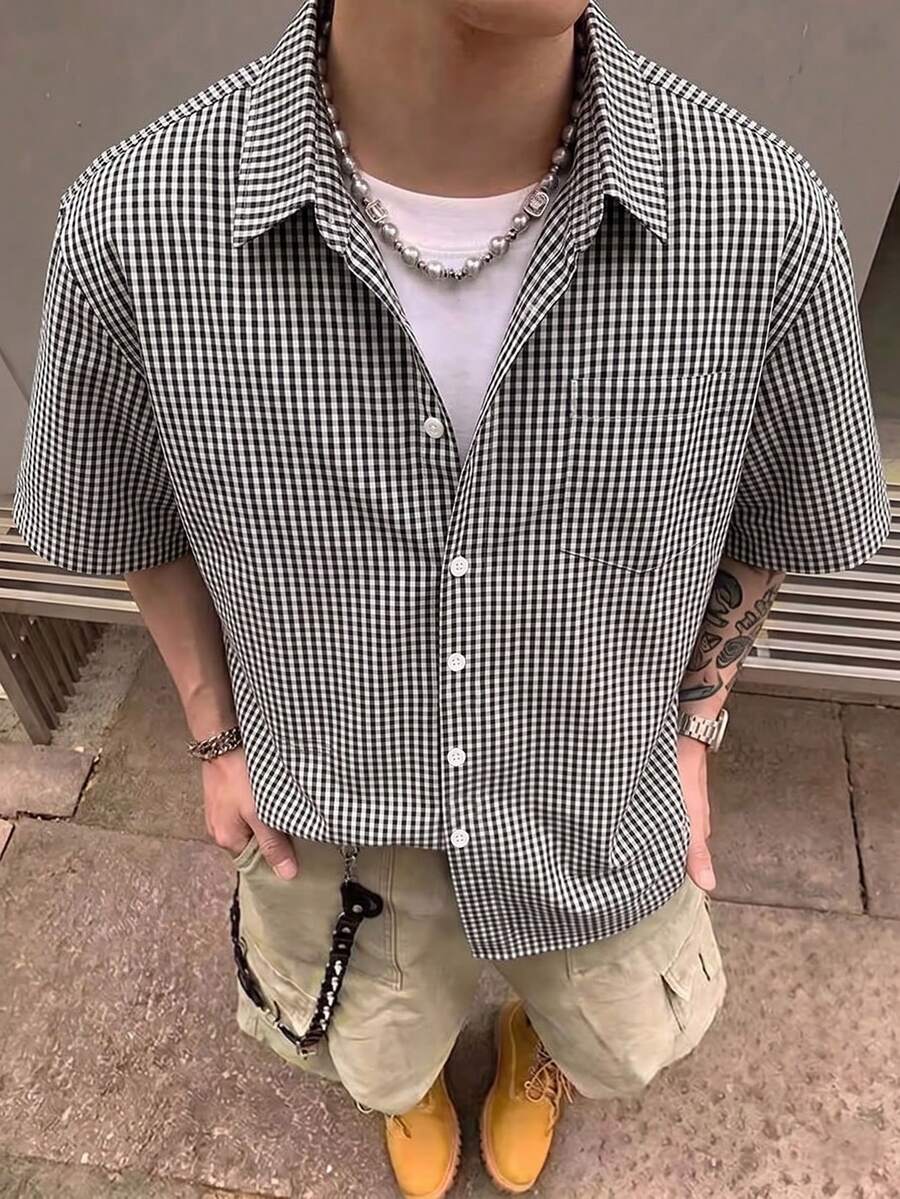STEELVANCE 男士格紋短袖單排扣休閒襯衫 - 黑與白 - 查看 1