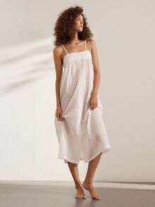 Ocili 100% Jacquard Pure Cotton Soft Comfortable Patchwork Shell Button Camisole Nightgown Women's Loungewear Dress - White - View 5