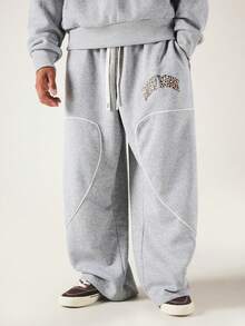 SUMWON Wide Leg Sweatpants With Leopard Print New York Applique Contrast Piping Elasticated Drawstring Waist Fleece Jogger Bottoms - Grey - View 6