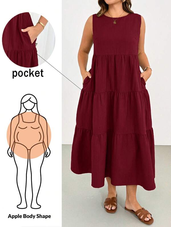 Shapeblank Plus Size Summer Casual Traditional Boho Solid Color Sleeveless Dress Vacation Burgundy