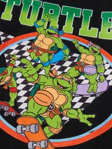 TEENAGE MUTANT NINJA TURTLES | SHEIN 小男孩字母卡通印花圓領短袖T恤與短褲休閒日常套裝 - 黑色 - 查看 3