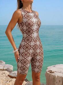 Swim Shayni Women's Sleeveless Zip-Up High Neck One-Piece Swimsuit - Brown - View 5