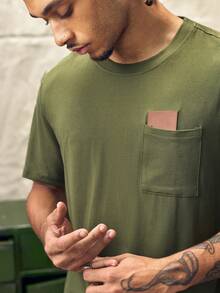 Norleigh Men's Crew Neck Short Sleeve T-Shirt With Chest Pocket Leather Label,Olive Green,Summer,Casual,City Break,Outdoor Daily Leisure - Army Green - View 6