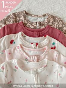 SHEIN 5件隨機發送 1件新生女嬰連身衣套裝，白色、深紫色、粉色、杏色，秋冬款，柔軟薄款連身衣，精緻可愛櫻桃圖案 - 彩色 - 查看 5