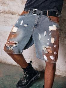 Skyrend Unisex Distressed Painted Denim Shorts Gothic Punk Streetwear For Emo Boy Grunge - Blue - View 1