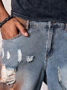 Skyrend Unisex Distressed Painted Denim Shorts Gothic Punk Streetwear For Emo Boy Grunge - Blue - View 8