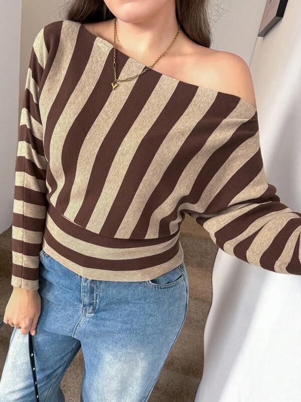 Easowa Curve Plus Size Casual Striped Asymmetrical Shoulder Sweater