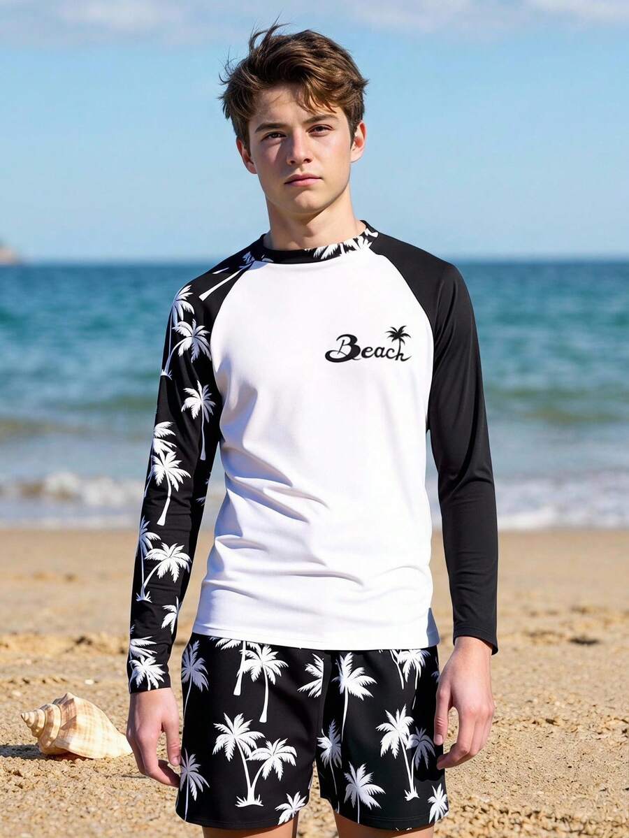 SHEIN 新款时尚印花防晒夹克，青少年男童款，长袖冲浪泳衣