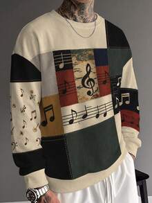 Gym Rark Sweatshirt Leher Bulat Patchwork Vintage Pria, Desain Patch Jahitan Blok Multi Warna, Cetakan Notasi Musik Retro & Kunci G di Seluruh Permukaan, Potongan Longgar Kasual - MultiWarna - View 1