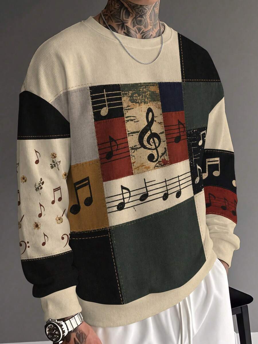 Gym Rark Sweatshirt Leher Bulat Patchwork Vintage Pria, Desain Patch Jahitan Blok Multi Warna, Cetakan Notasi Musik Retro & Kunci G di Seluruh Permukaan, Potongan Longgar Kasual - MultiWarna - View 1