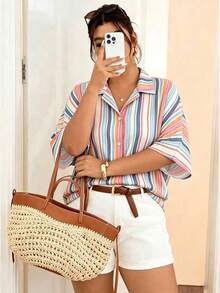 SHEIN Frenchy Camisa de talla grande versátil de moda a rayas con un solo pecho para uso diario en otoño - Multicolor - Ver 5