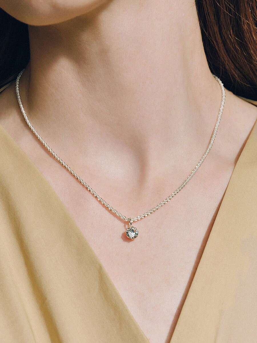 Opalesca 1pc Silver Single Diamond Small Pendant, Fashionable Copper Lock Clavicle Chain, High-Grade Short Necklace, Women's Daily Casual Accessory - Silver - View 1
