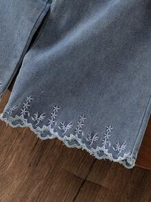 SHEIN Elladie kids 2件組女童休閒時尚荷葉邊蕾絲圓領無袖寬鬆刺繡花卉背心上衣 + 牛仔喇叭褲刺繡百搭套裝，適合度假旅行日常穿著，夏季款 - 玫紅色 - 查看 8