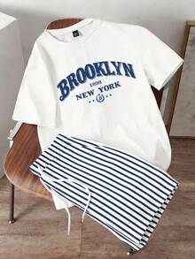 Manfinity Joysei 男士年輕時尚休閒 Brooklyn 與 New York 英文字母對比色圖案印花白色針織短袖 T 恤與條紋短褲套裝，適合日常穿著，易於搭配，送給男友的貼心禮物 - 白色 - 查看 5