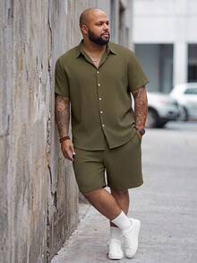 Sorvial Plus Size Men's Solid Color Short Sleeve Shirt And Shorts Casual Set, Holiday - Army Green - View 3
