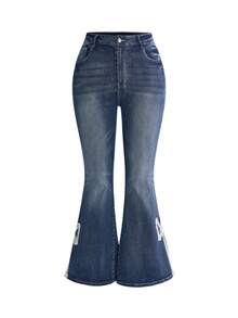 ROMWE Kawaii Celana Jeans Wanita Model Flare dengan Hiasan Pita dan Renda Vintage, Ukuran Plus - Biru - View 4