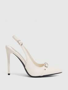 CUCCOO SZL 女款尖頭細高跟米色後提跟扣飾鉚釘優雅時尚性感女鞋 Slingback 穆勒鞋 - -馬油二代米白8# - 查看 2