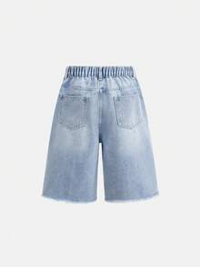 SHEIN 男童牛仔短褲，夏季，柔軟，棉質，休閒街頭風，彈性腰帶，經典五口袋設計，淺藍色水洗百慕達短褲，適合學校 - 淺色水洗藍 - 查看 13